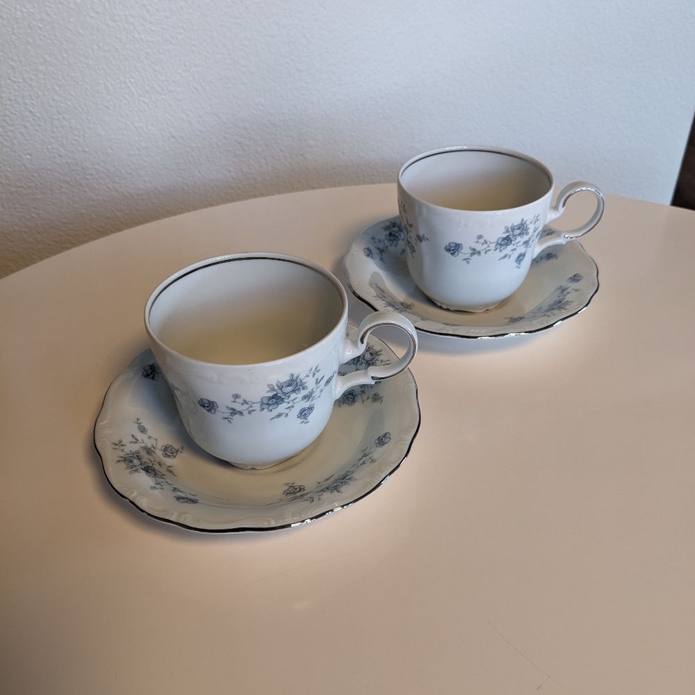 Pair of Johann Haviland Blue Garland Teacups with Saucers